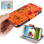 Custodia in Ecopelle Arancione Fiori di Loto + Card x Samsung i9505 / i9500 / Galaxy S4 / SIV